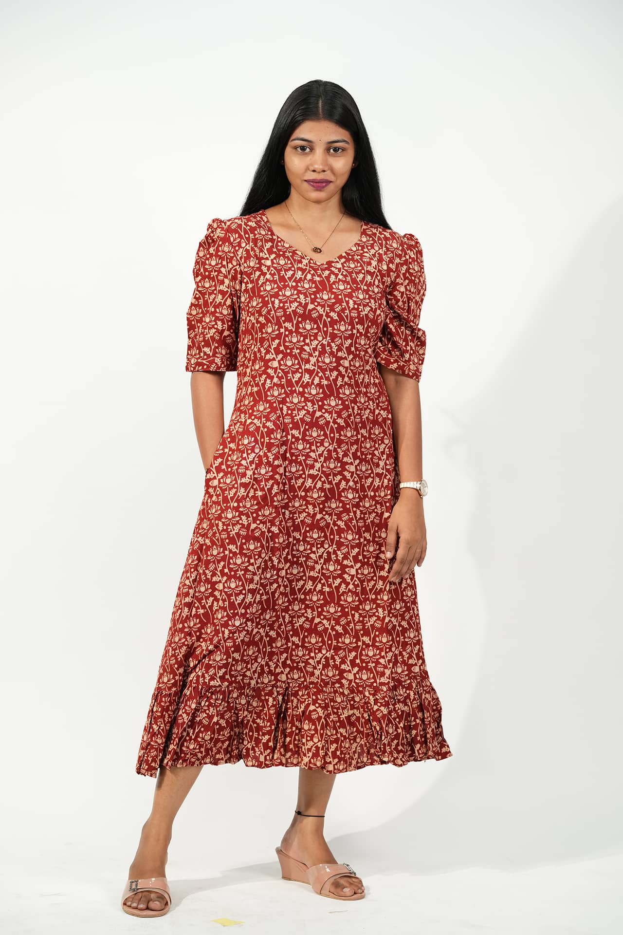 Scarlet Garden Puff-Sleeve Dress