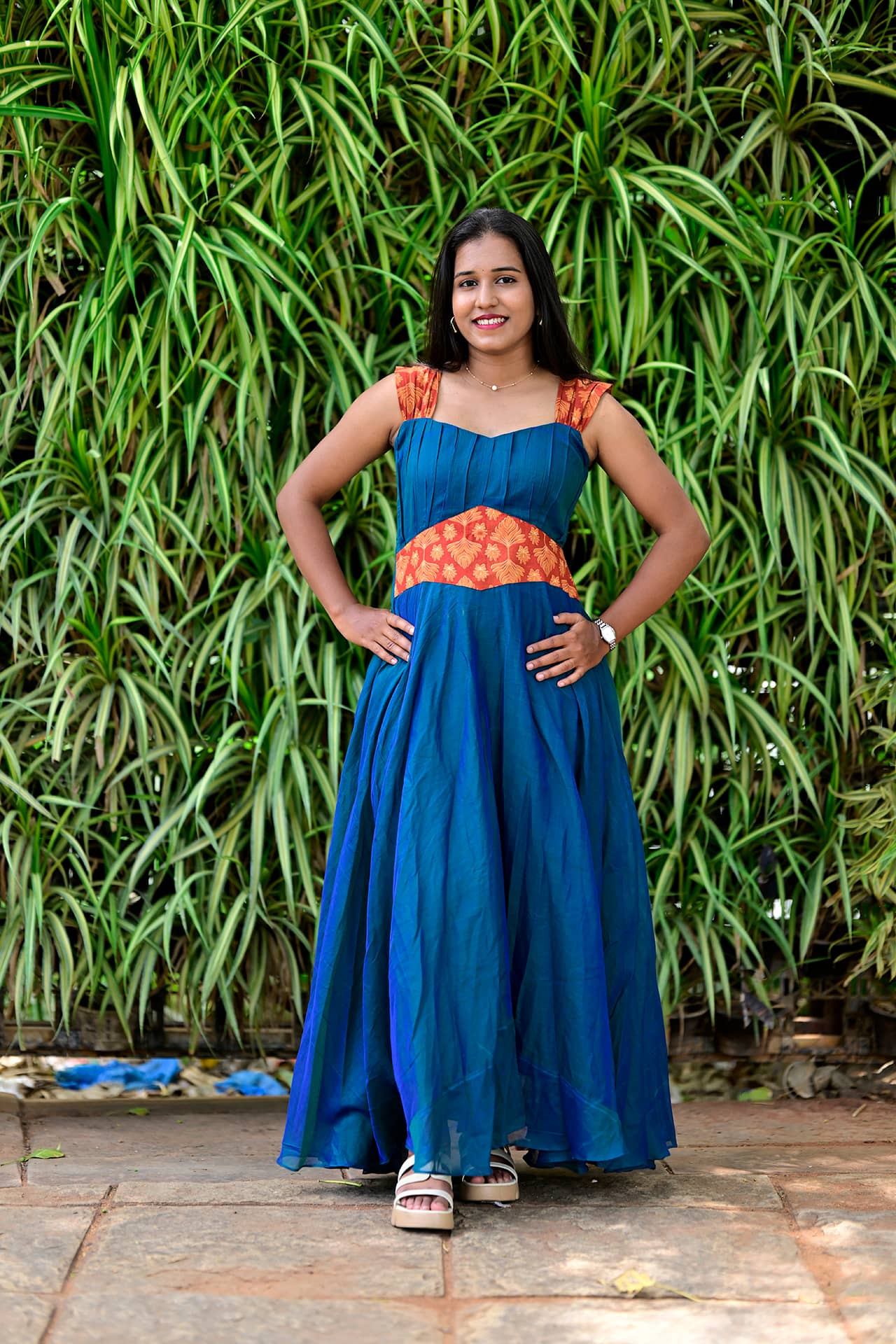 Leaf Print Yoke Maxi Dress