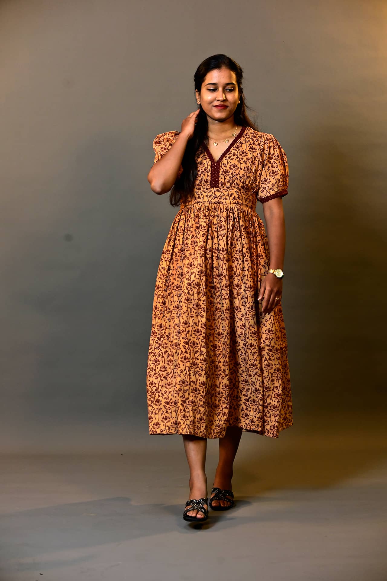 Mustard Lotus V-Neck Dress