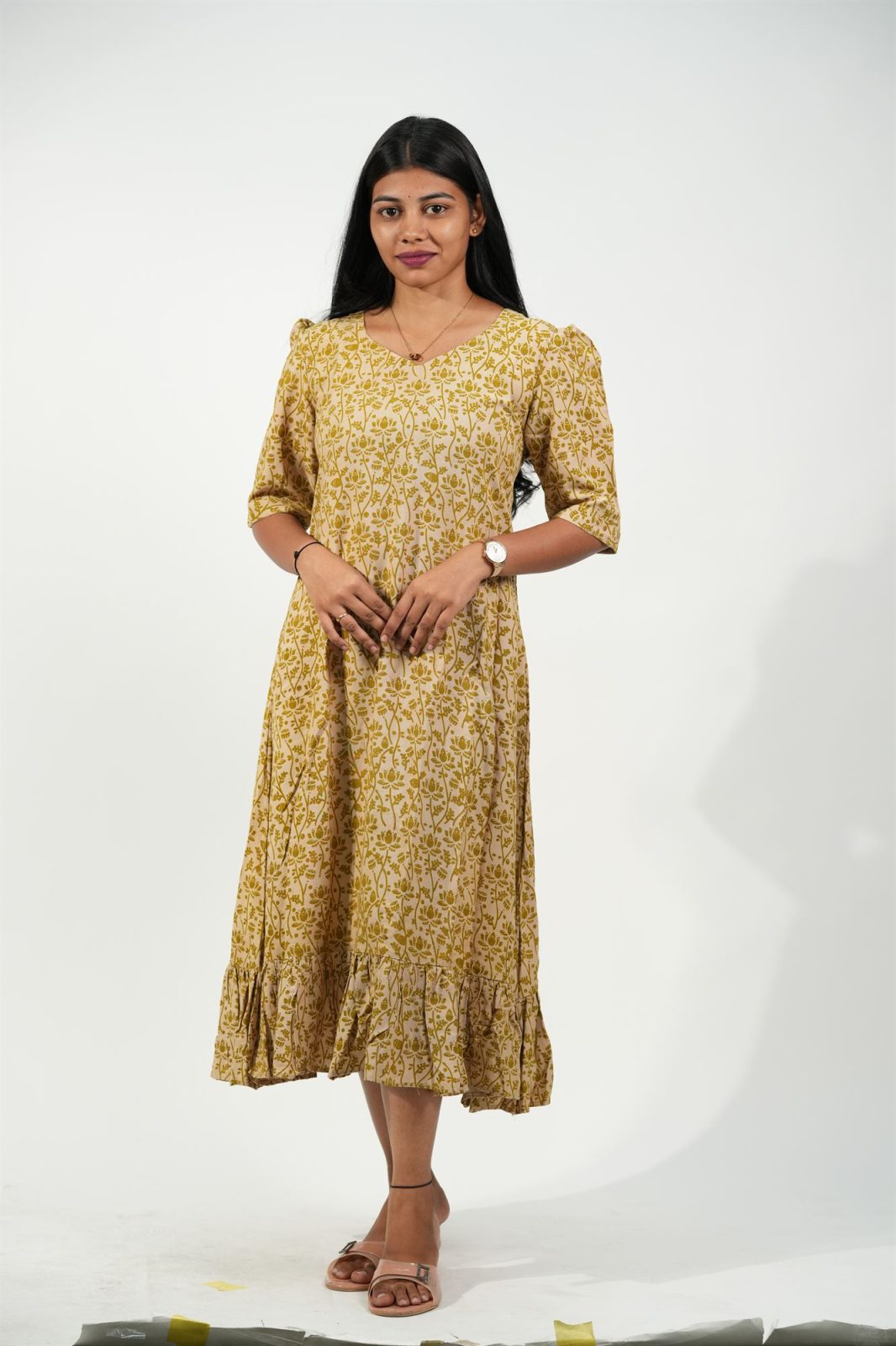 Hem-Tiered Aline Dress (Cream - Golden Lotus)