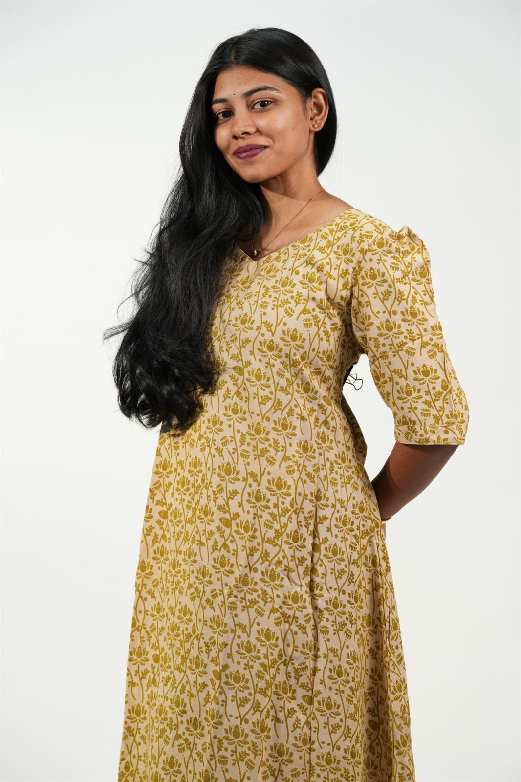 Hem-Tiered Aline Dress (Cream - Golden Lotus)