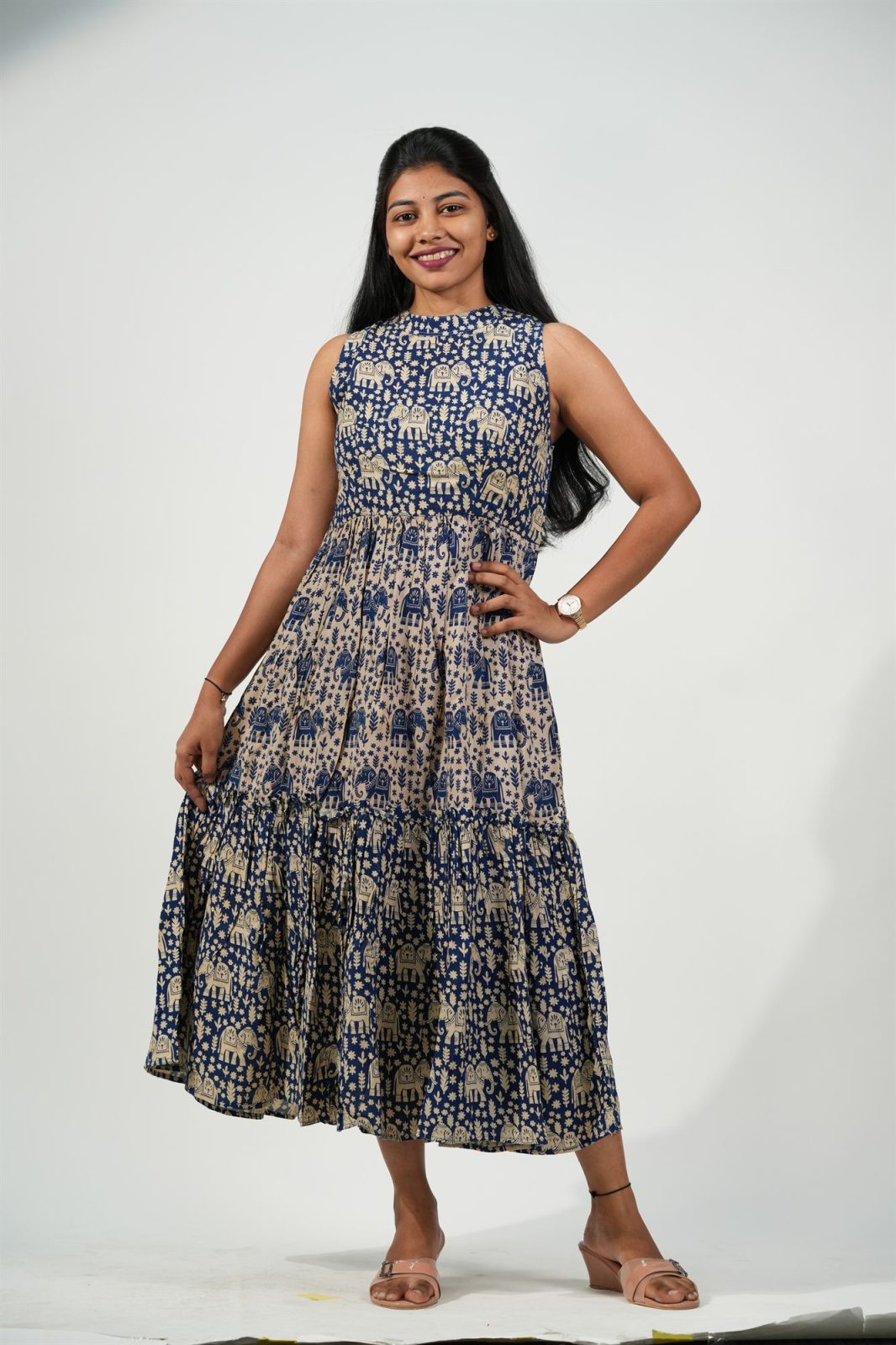 Halter Neck Tiered Dress (Cream-Elephant)