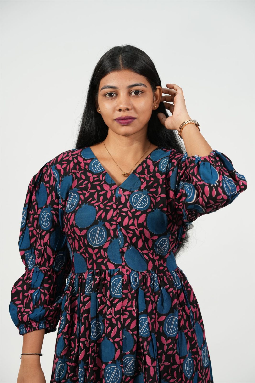 V-Neck Front-Slit Aline Dress (Teal Blue Pomegranate)
