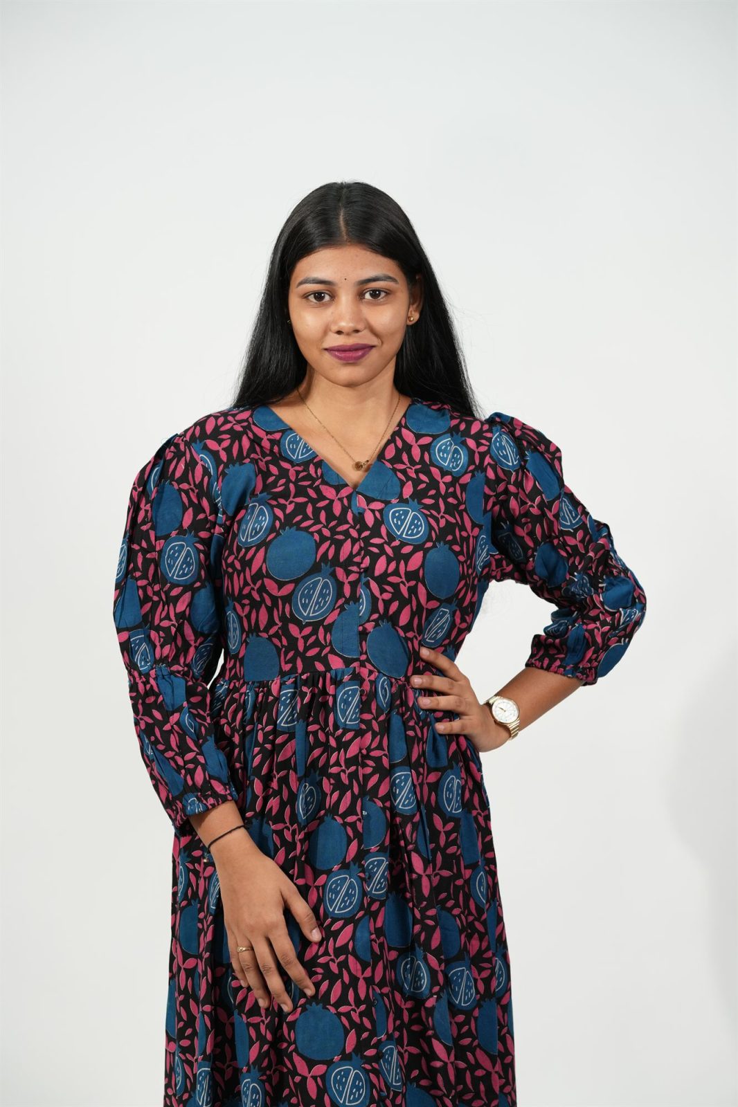 V-Neck Front-Slit Aline Dress (Teal Blue Pomegranate)