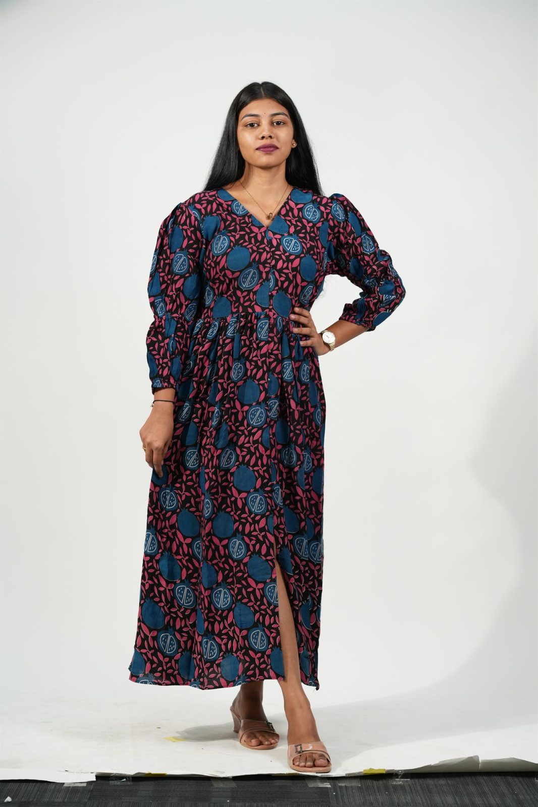 V-Neck Front-Slit Aline Dress (Teal Blue Pomegranate)