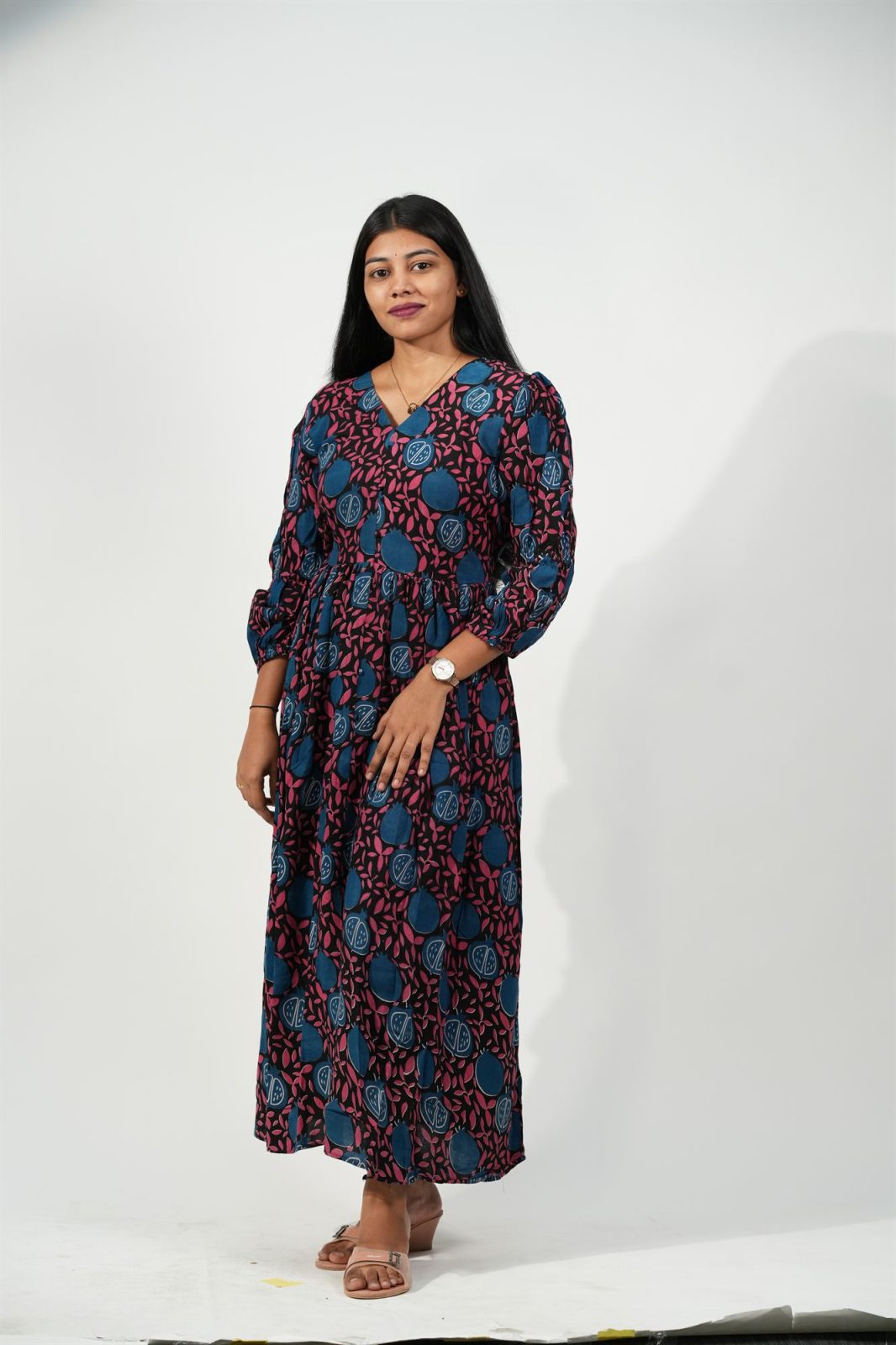 V-Neck Front-Slit Aline Dress (Teal Blue Pomegranate)