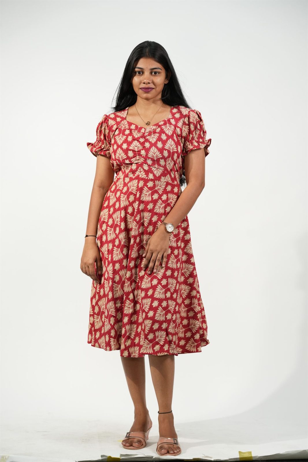 Aline Ruched Puff-Sleeve Dress  Red-Cream Floral | Vayomeie