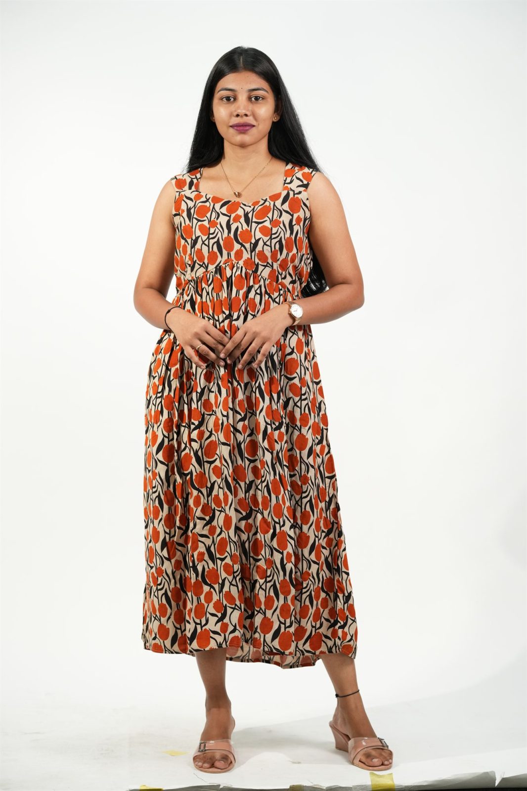 Caphands Alia-Cut Dress (Cream - Orange Floral)