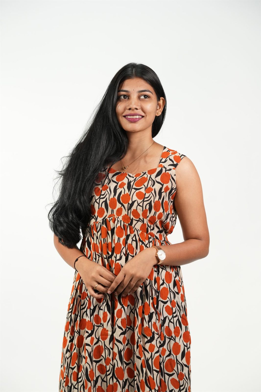 Caphands Alia-Cut Dress (Cream - Orange Floral)