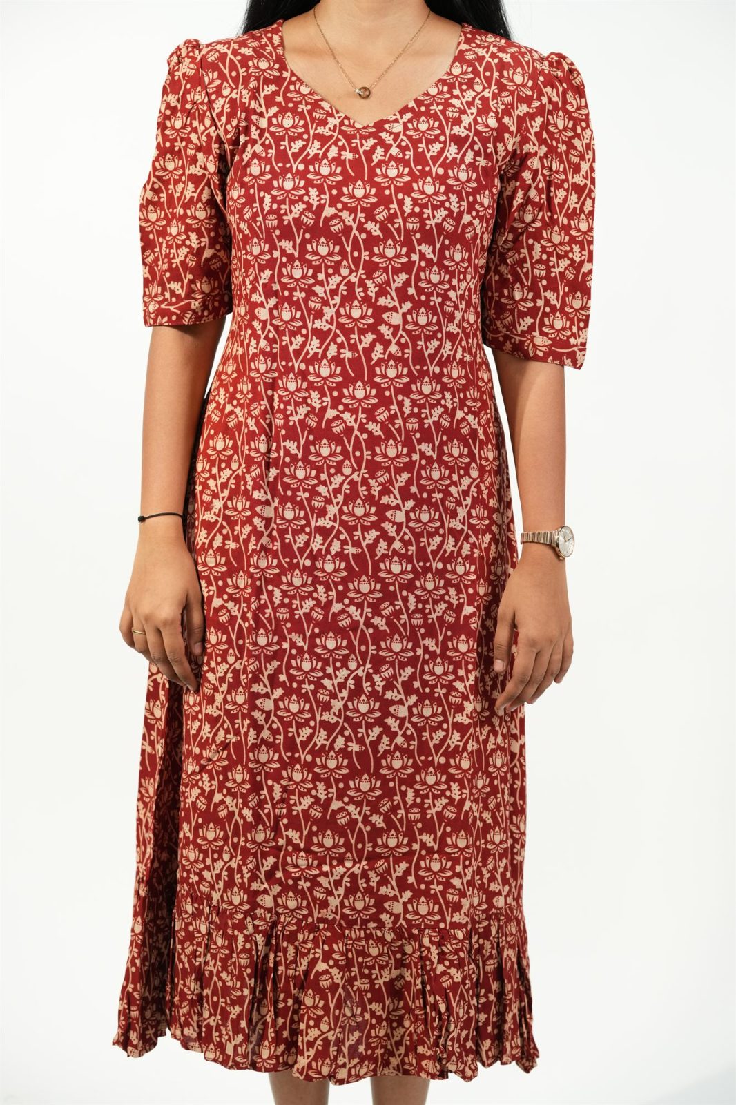 Hem-Tiered Aline Dress (Red-Cream Floral)