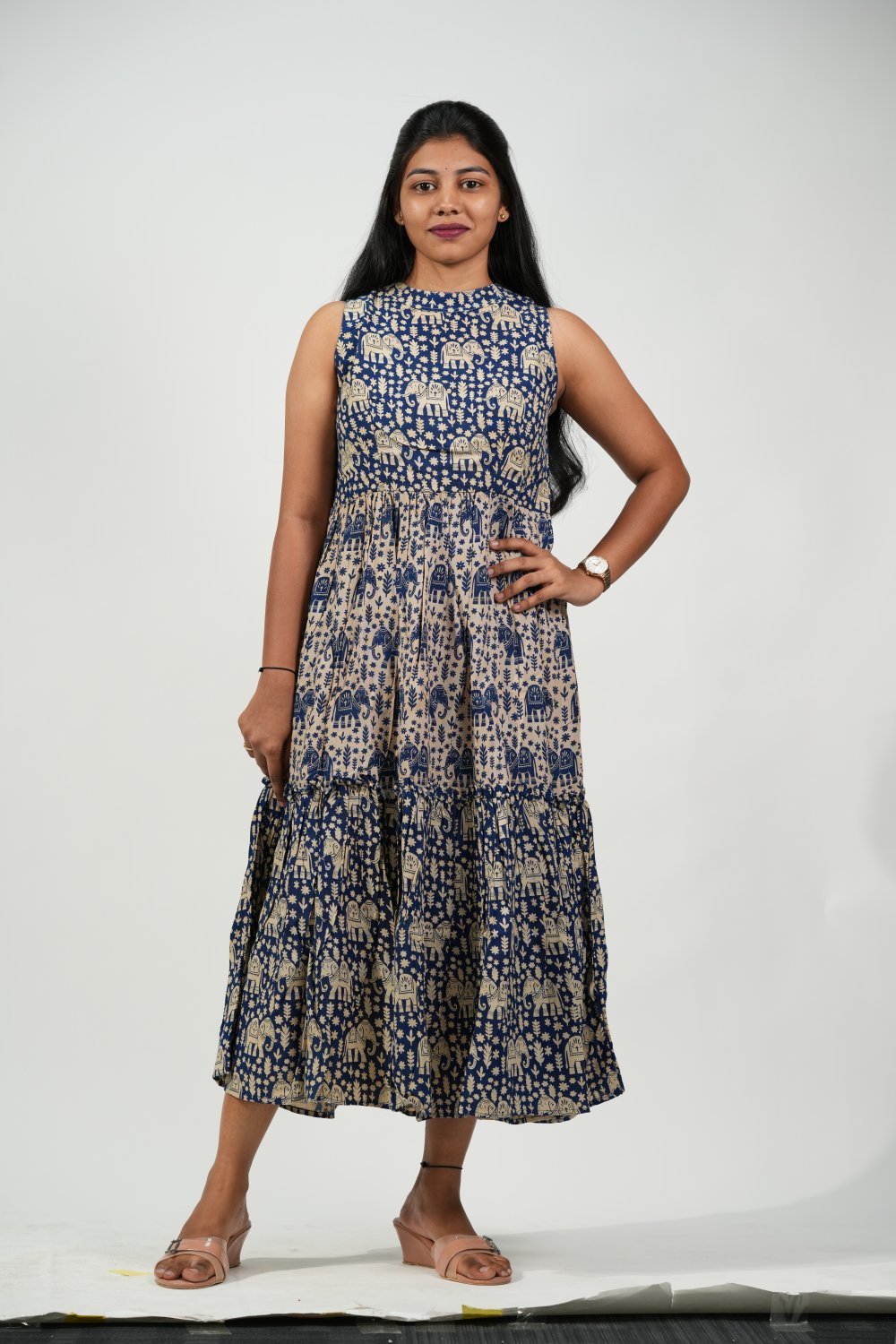 Halter Neck Tiered Dress (Cream-Elephant)