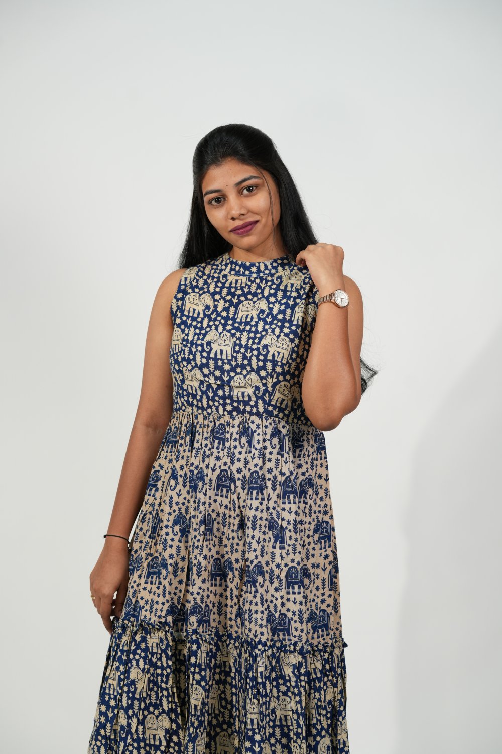 Halter Neck Tiered Dress (Cream-Elephant)