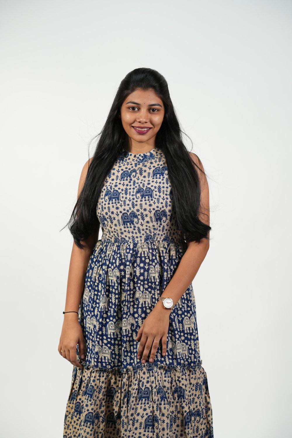Halter Neck Tiered Dress (Blue-Elephant)