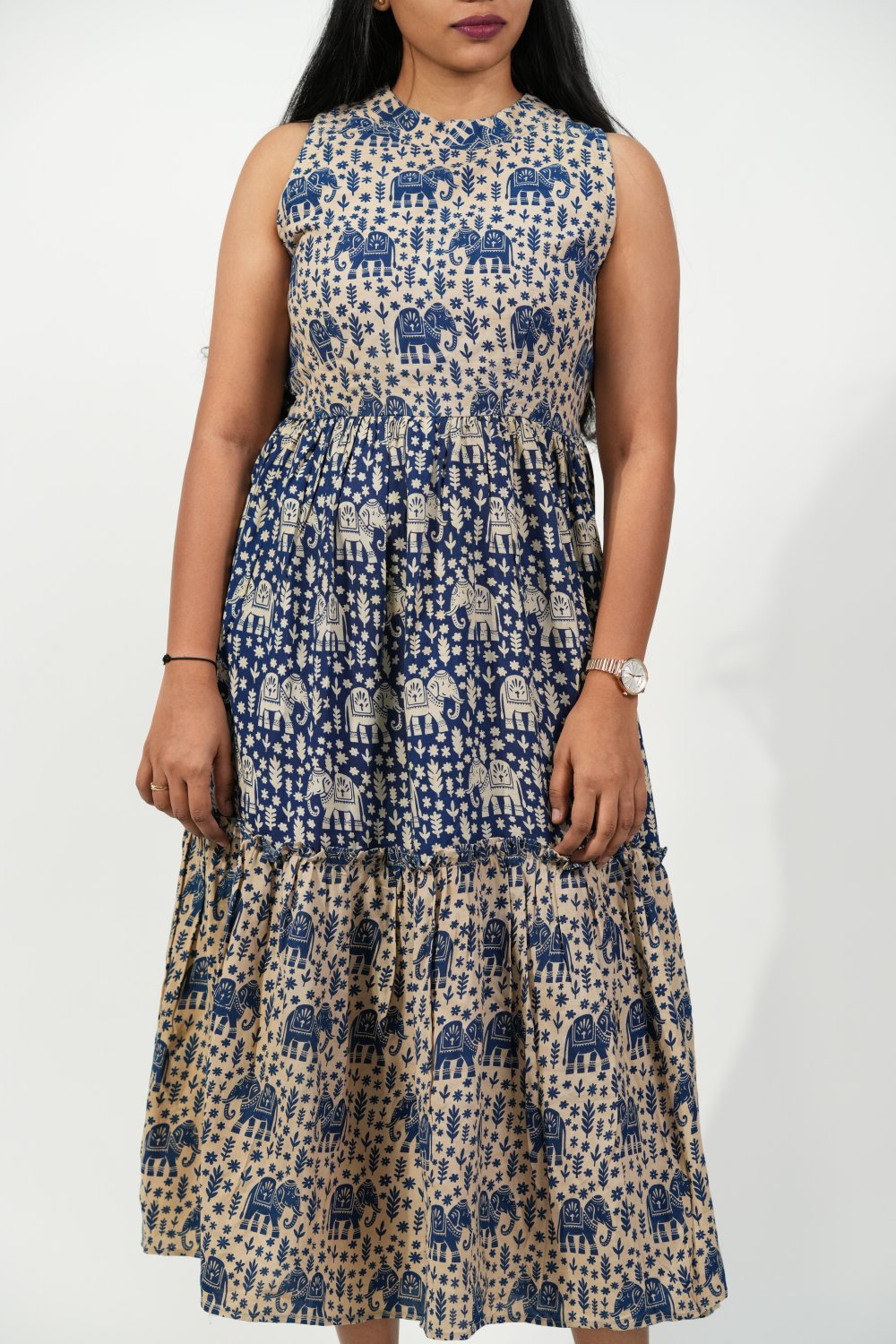 Halter Neck Tiered Dress (Blue-Elephant)