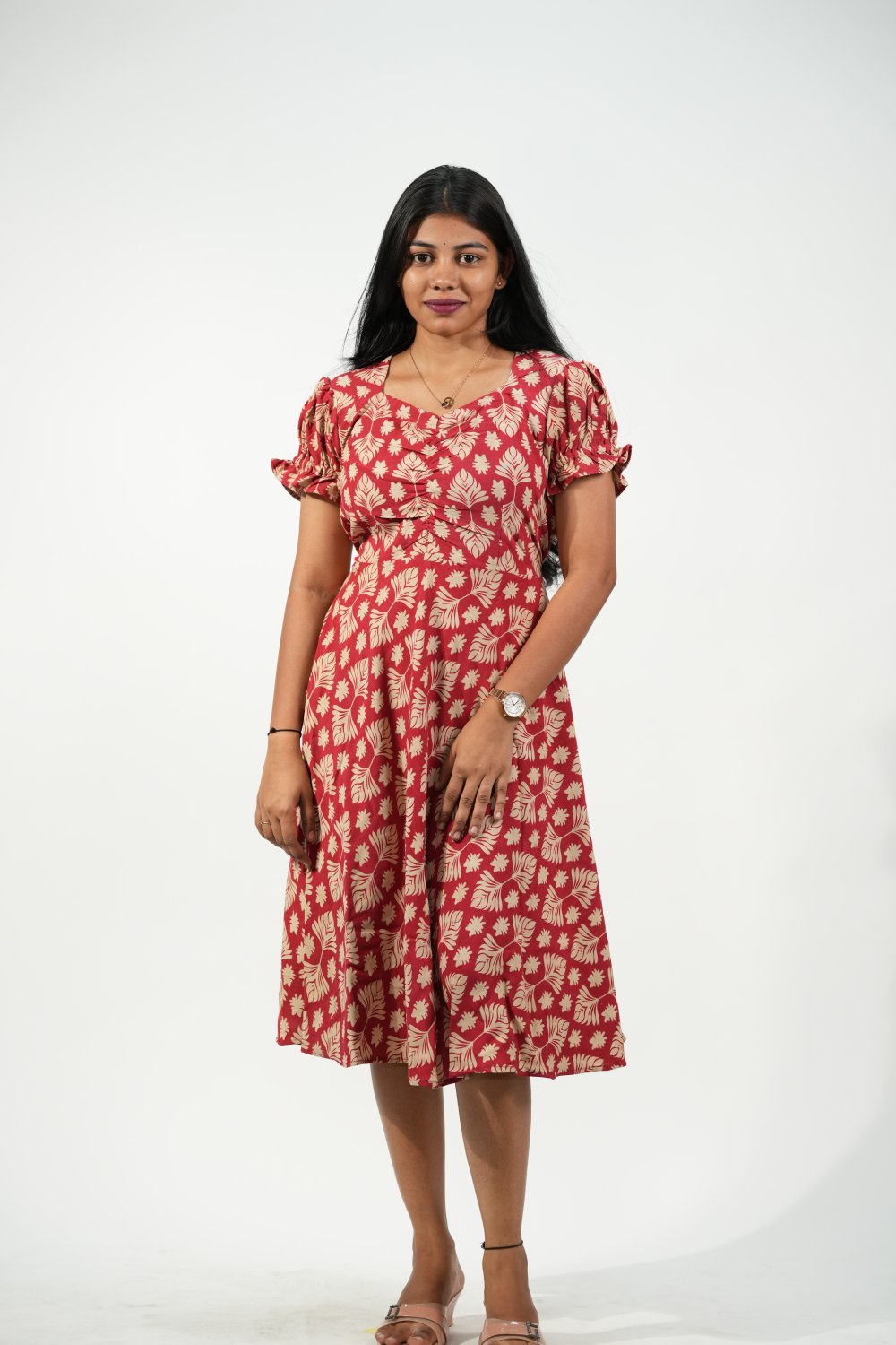 Aline Ruched Puff-Sleeve Dress (Red-Cream Floral)