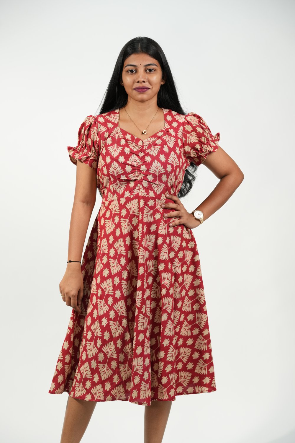 Aline Ruched Puff-Sleeve Dress (Red-Cream Floral)