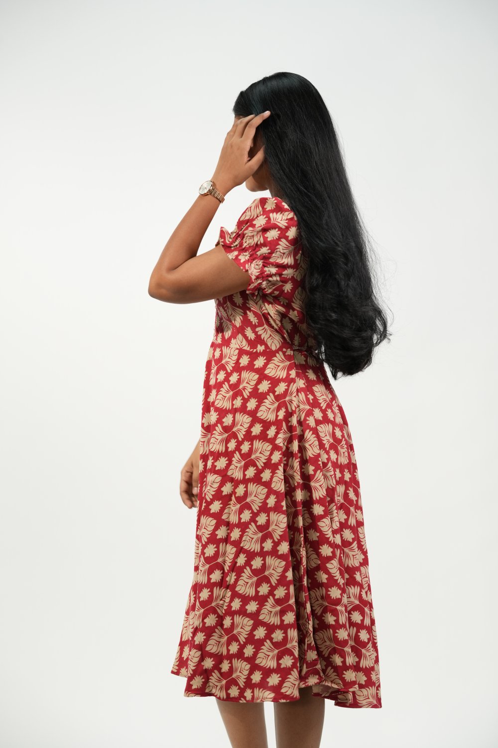 Aline Ruched Puff-Sleeve Dress (Red-Cream Floral)