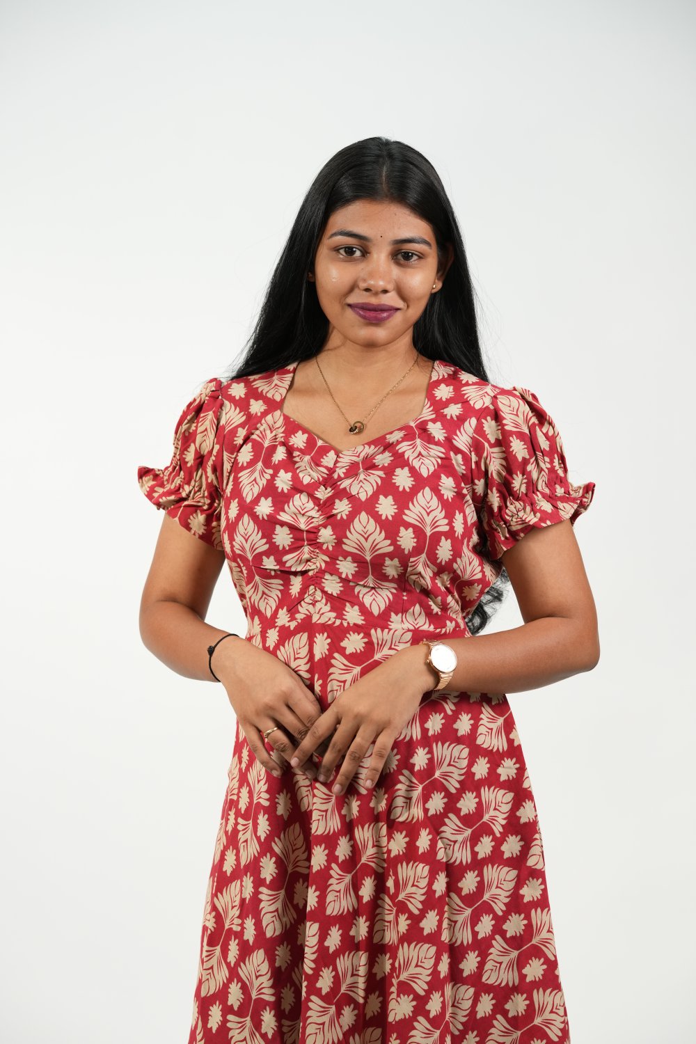 Aline Ruched Puff-Sleeve Dress (Red-Cream Floral)