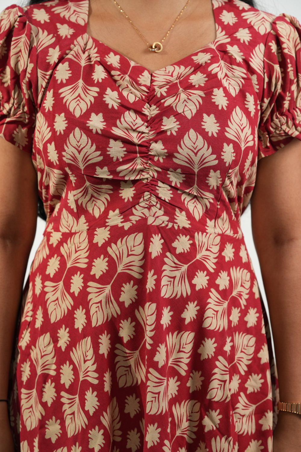Aline Ruched Puff-Sleeve Dress (Red-Cream Floral)