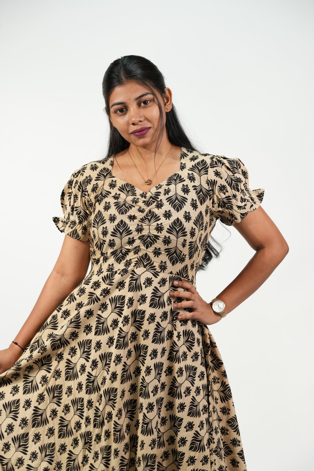 Aline Ruched Puff-Sleeve Dress (Cream-Black Floral)