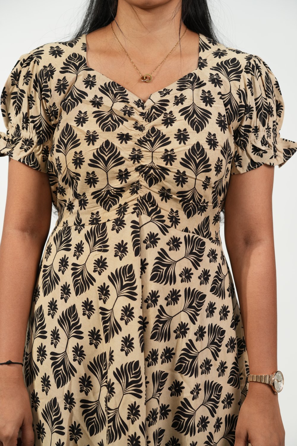 Aline Ruched Puff-Sleeve Dress (Cream-Black Floral)