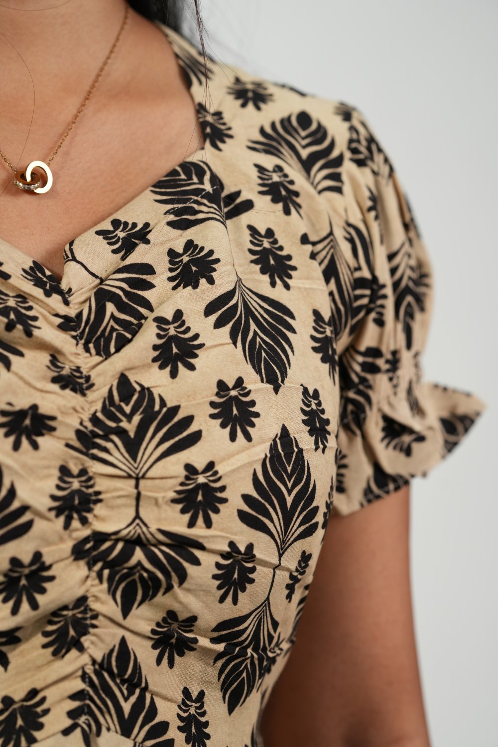 Aline Ruched Puff-Sleeve Dress (Cream-Black Floral)