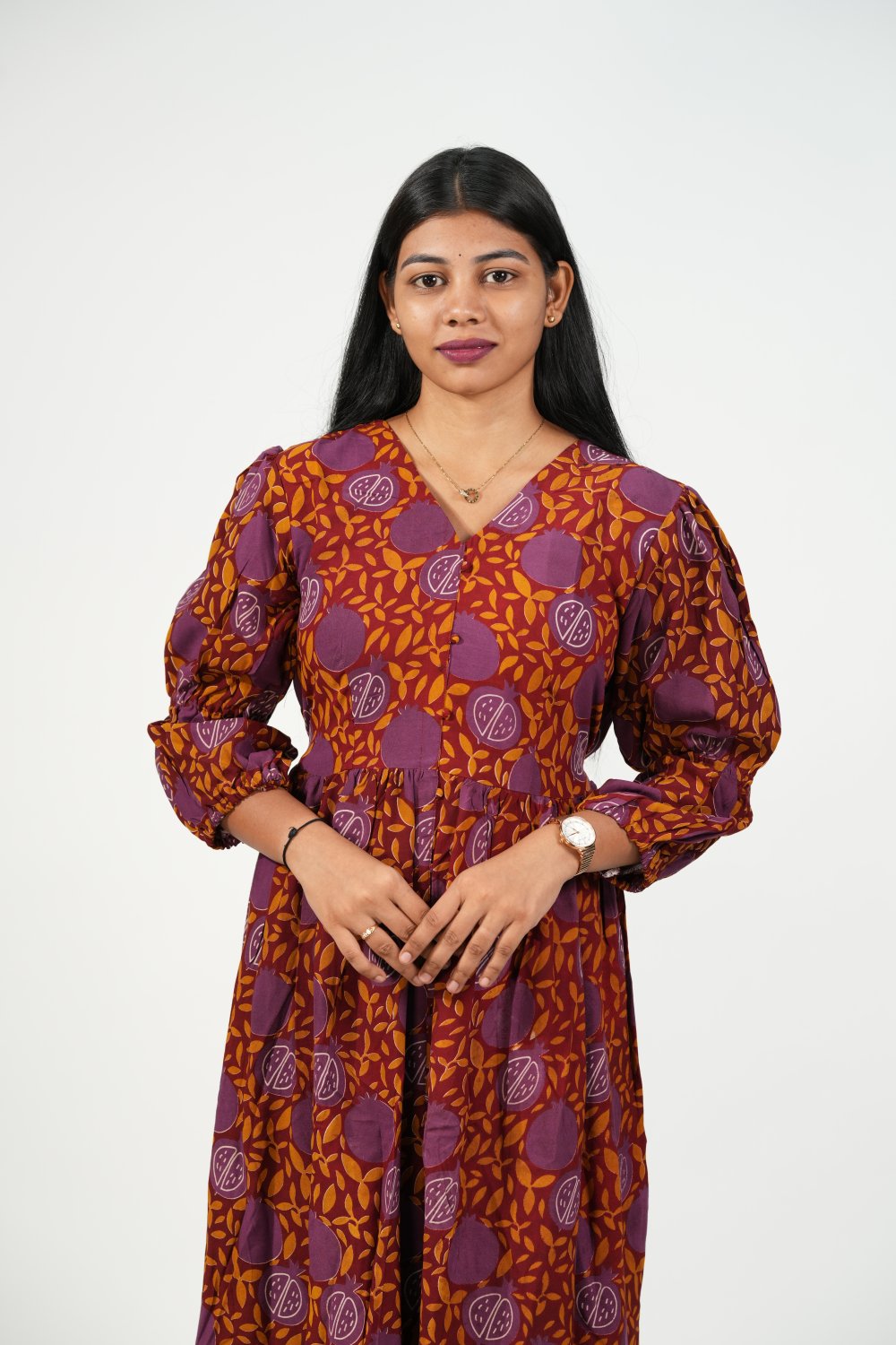 V-Neck Front-Slit Aline Dress (Rich Maroon Pomegranate)
