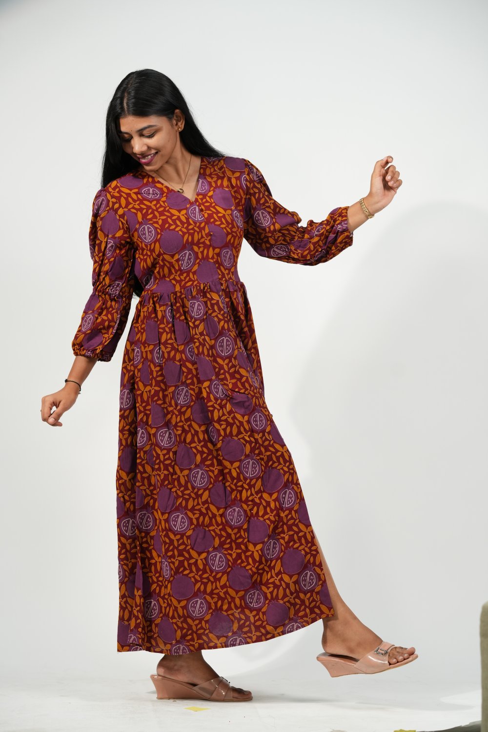 V-Neck Front-Slit Aline Dress (Rich Maroon Pomegranate)