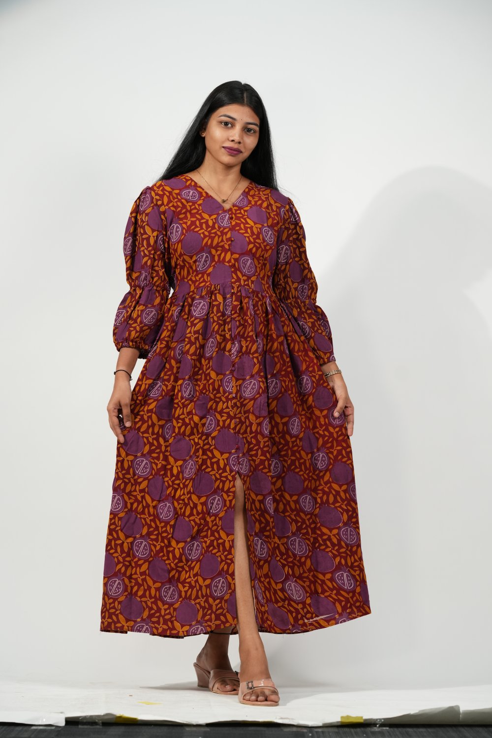 V-Neck Front-Slit Aline Dress (Rich Maroon Pomegranate)