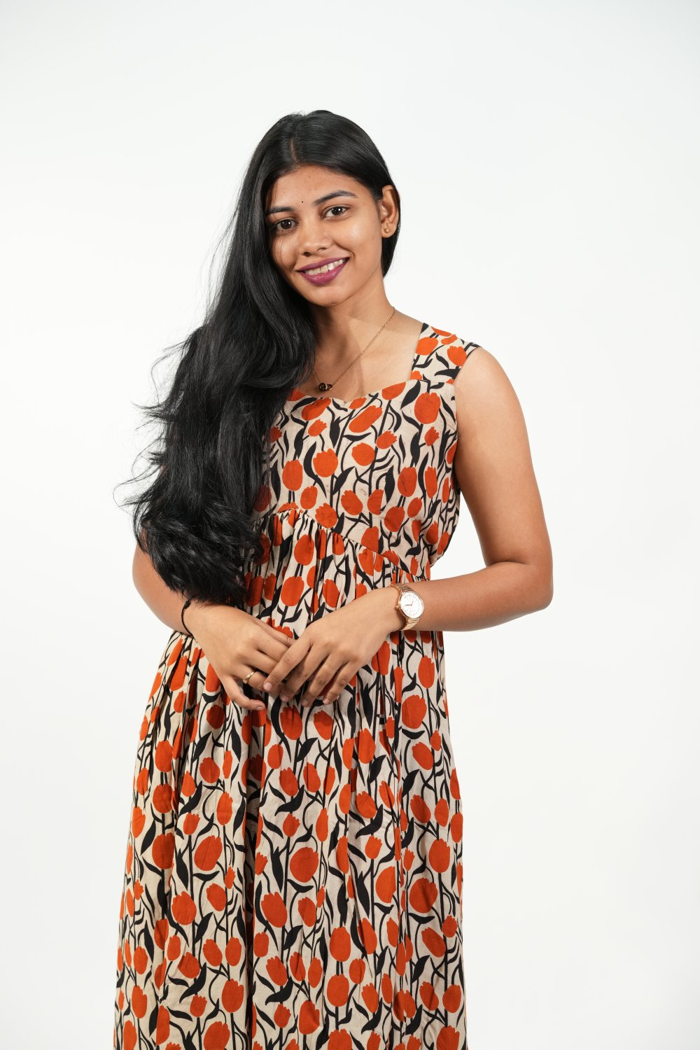 Caphands Alia-Cut Dress (Cream - Orange Floral)