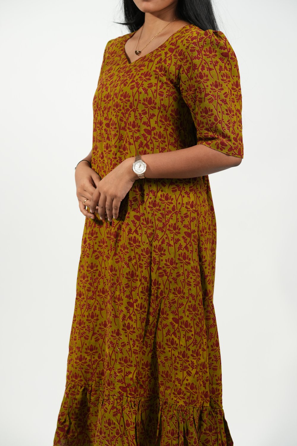 Hem-Tiered Aline Dress (Olive - Red Lotus)