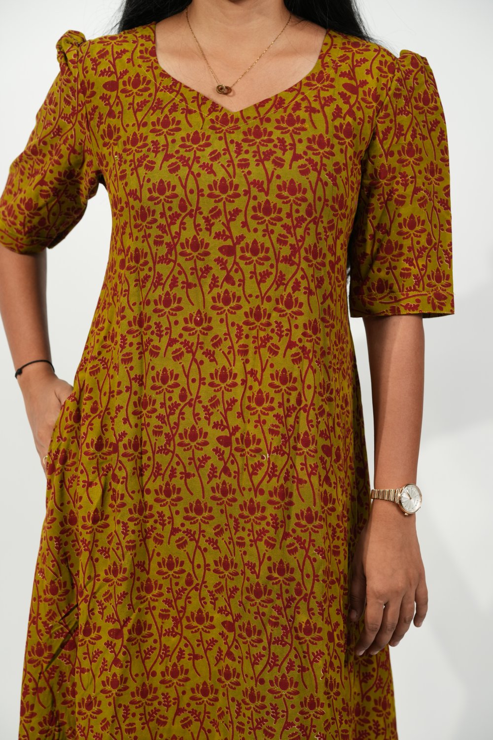 Hem-Tiered Aline Dress (Olive - Red Lotus)