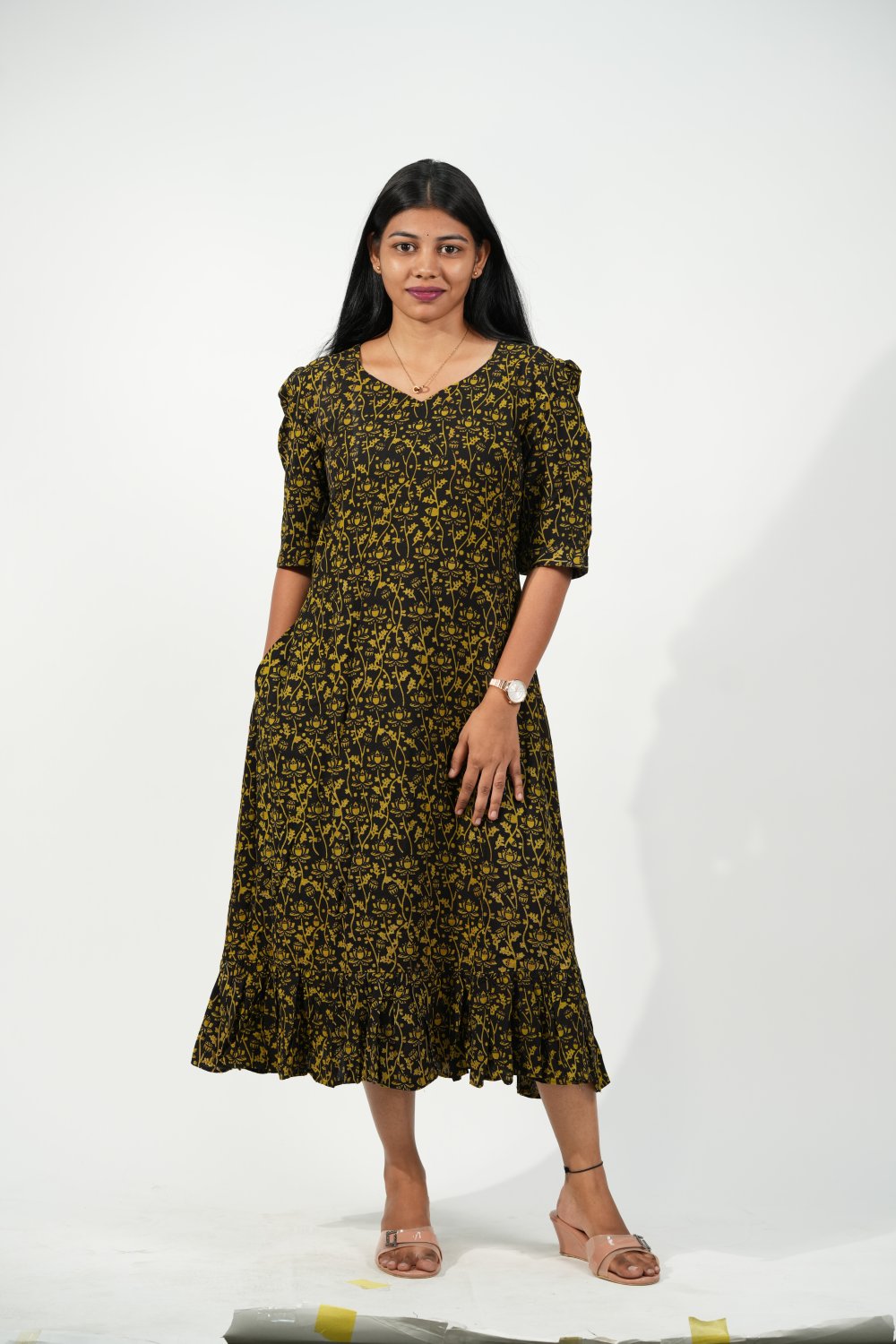 Hem-Tiered Aline Dress (Black - Golden Floral)