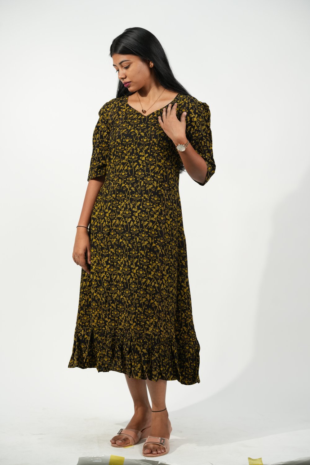 Hem-Tiered Aline Dress (Black - Golden Floral)