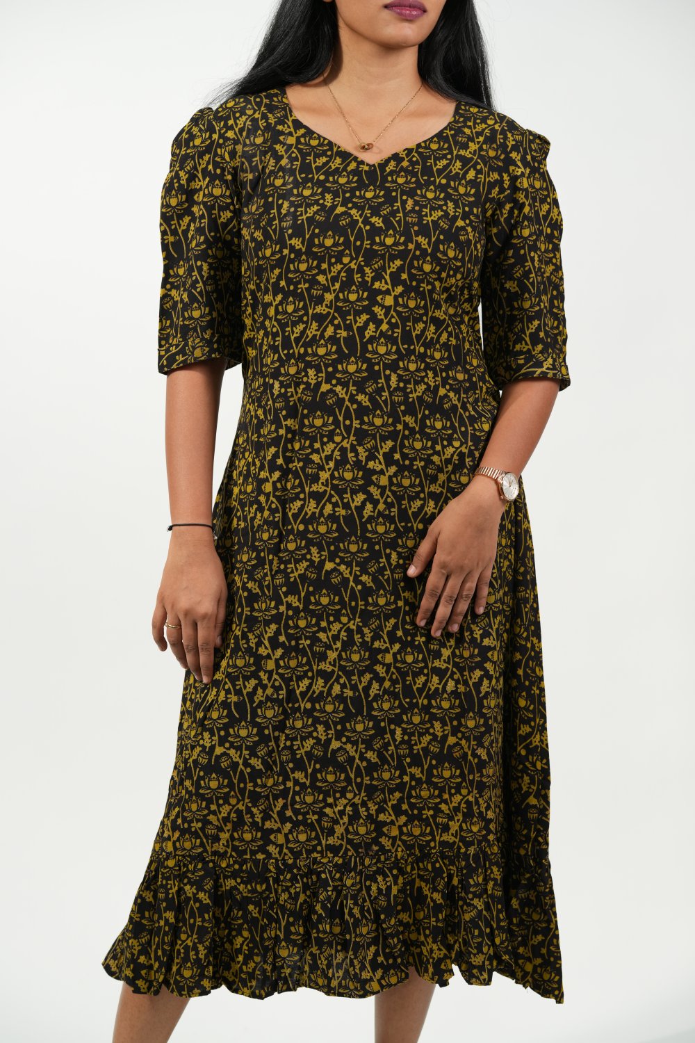 Hem-Tiered Aline Dress (Black - Golden Floral)