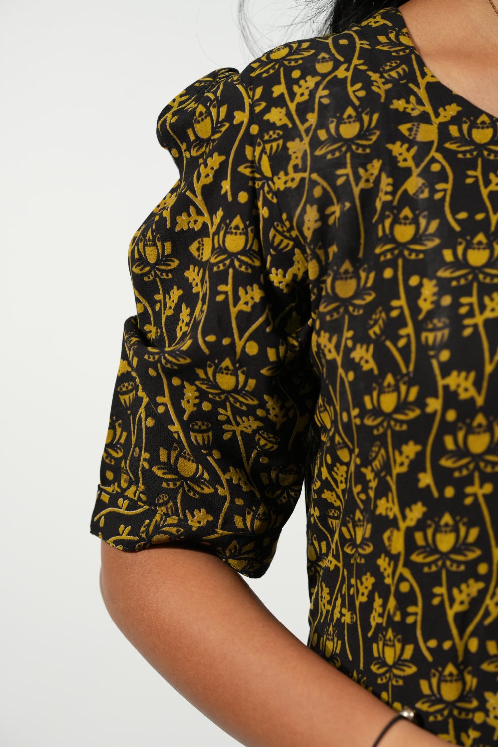 Hem-Tiered Aline Dress (Black - Golden Floral)
