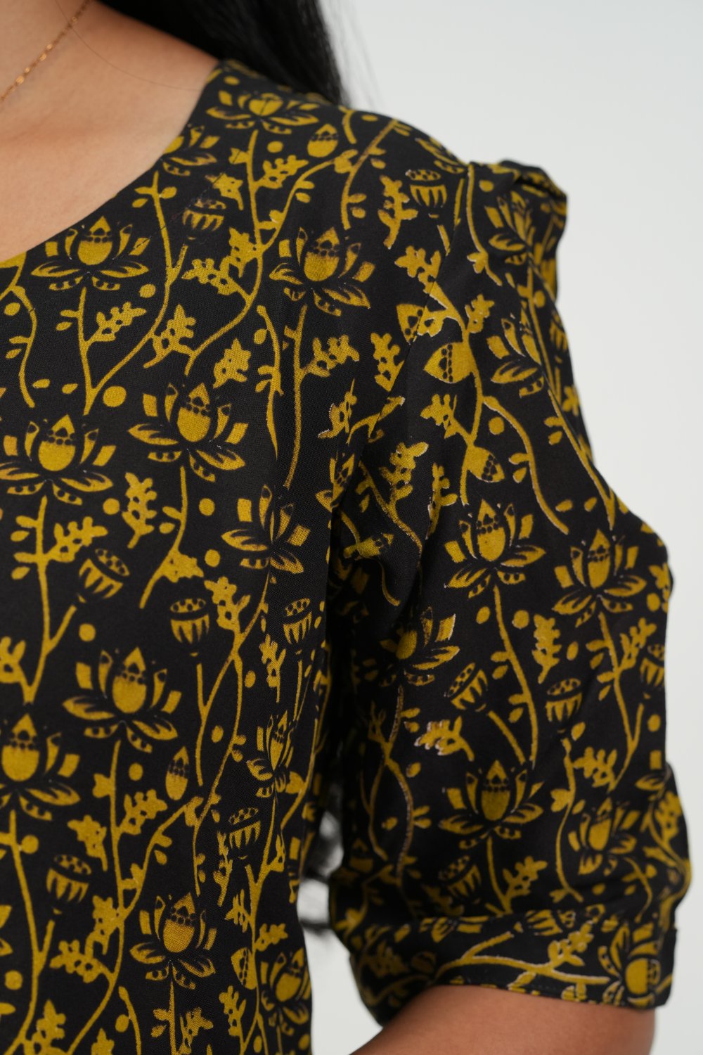 Hem-Tiered Aline Dress (Black - Golden Floral)