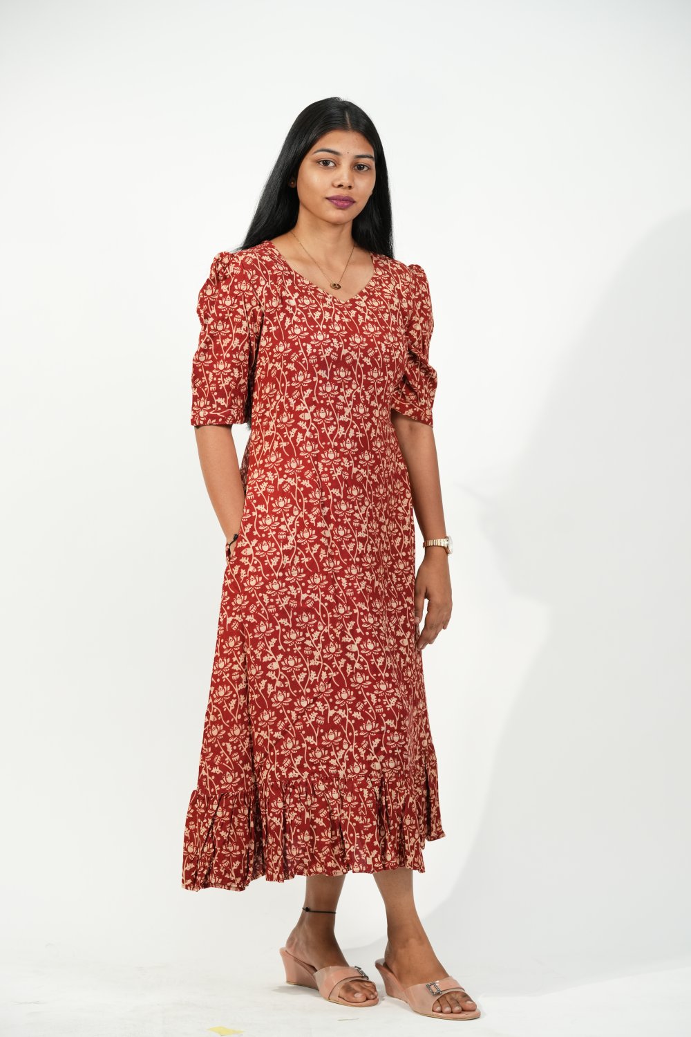 Hem-Tiered Aline Dress (Red-Cream Floral)