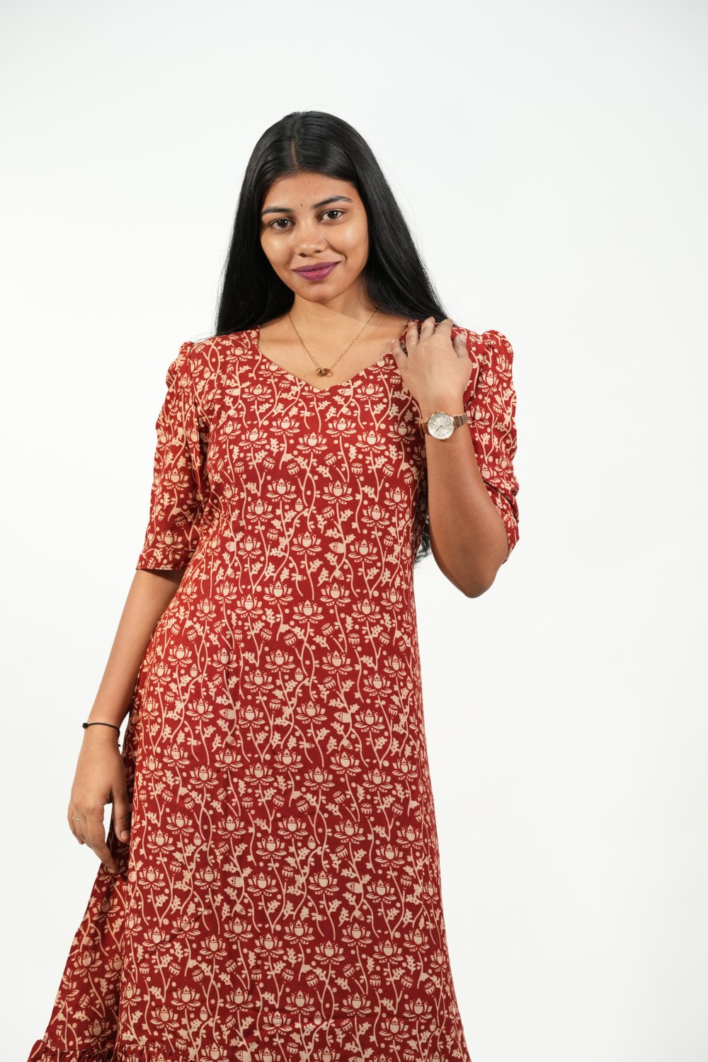 Hem-Tiered Aline Dress (Red-Cream Floral)