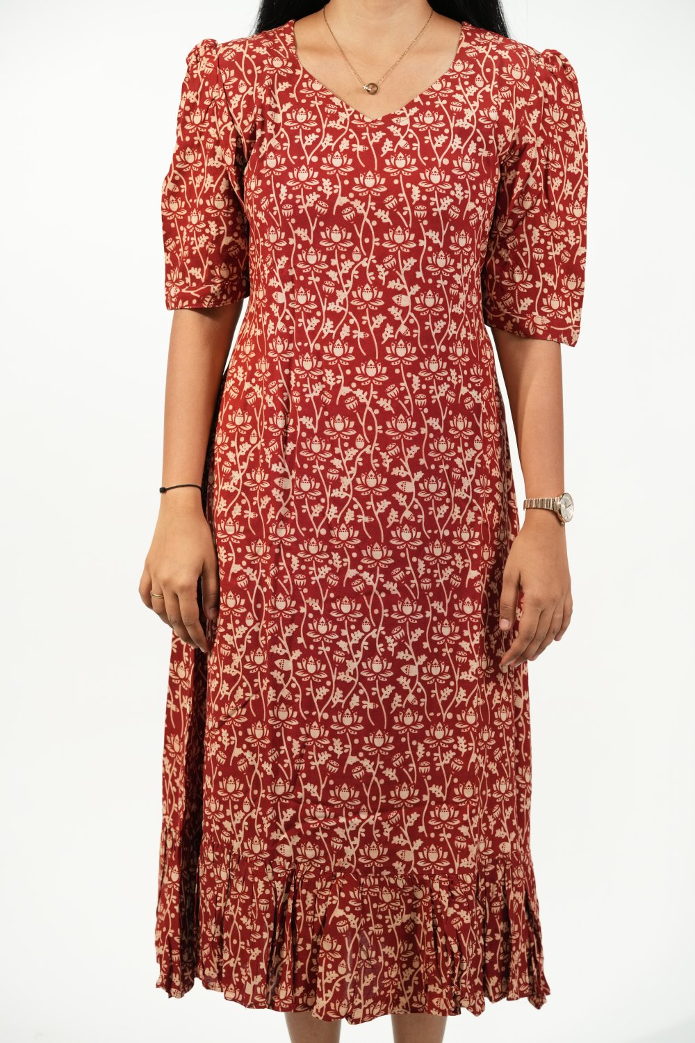 Hem-Tiered Aline Dress (Red-Cream Floral)