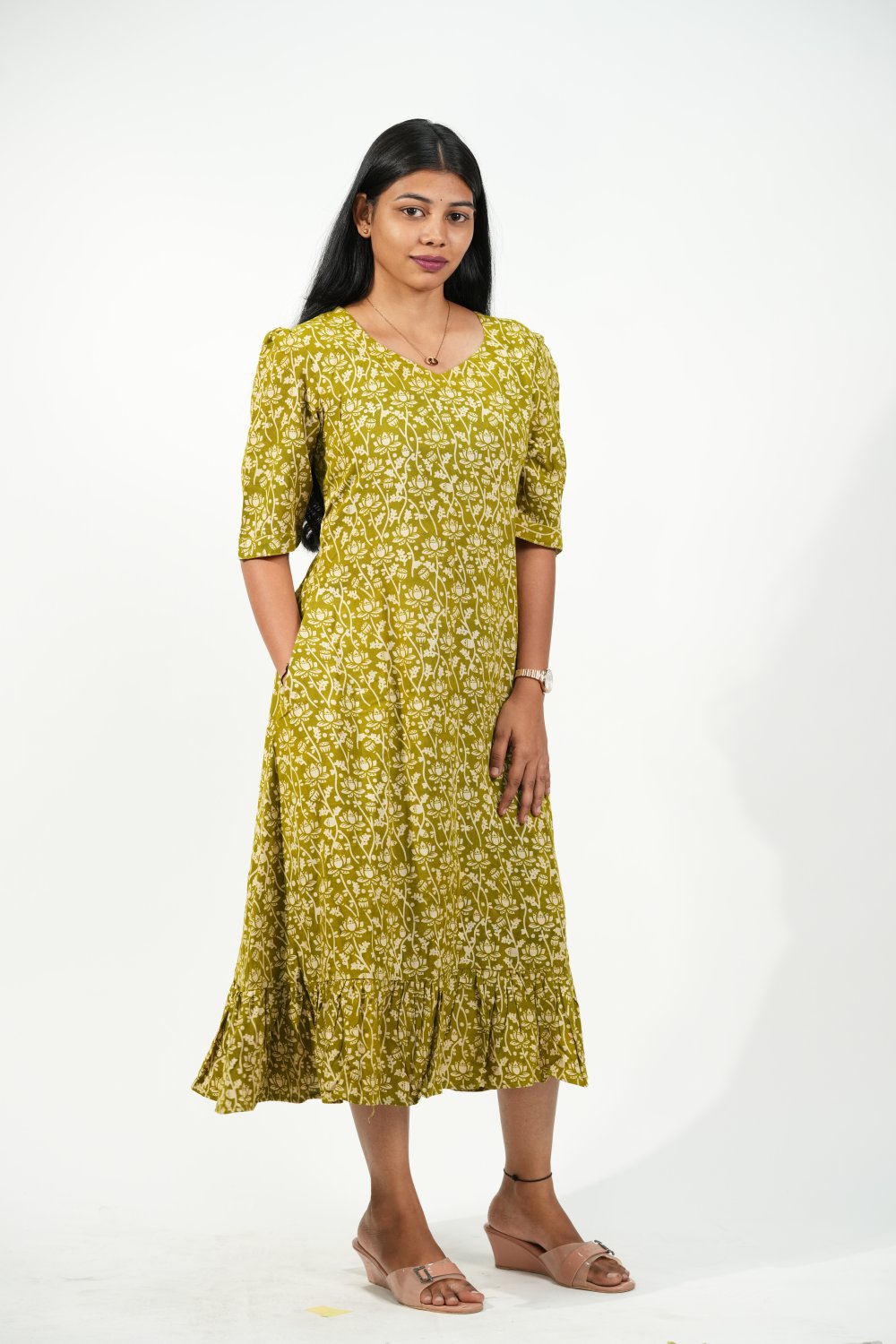 Hem-Tiered Aline Dress (Green-Cream Floral)
