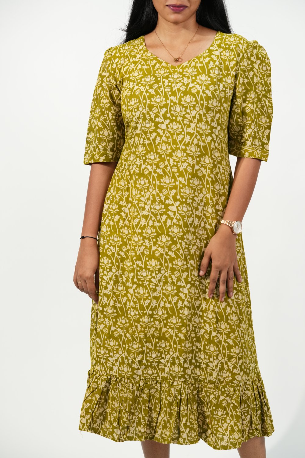 Hem-Tiered Aline Dress (Green-Cream Floral)