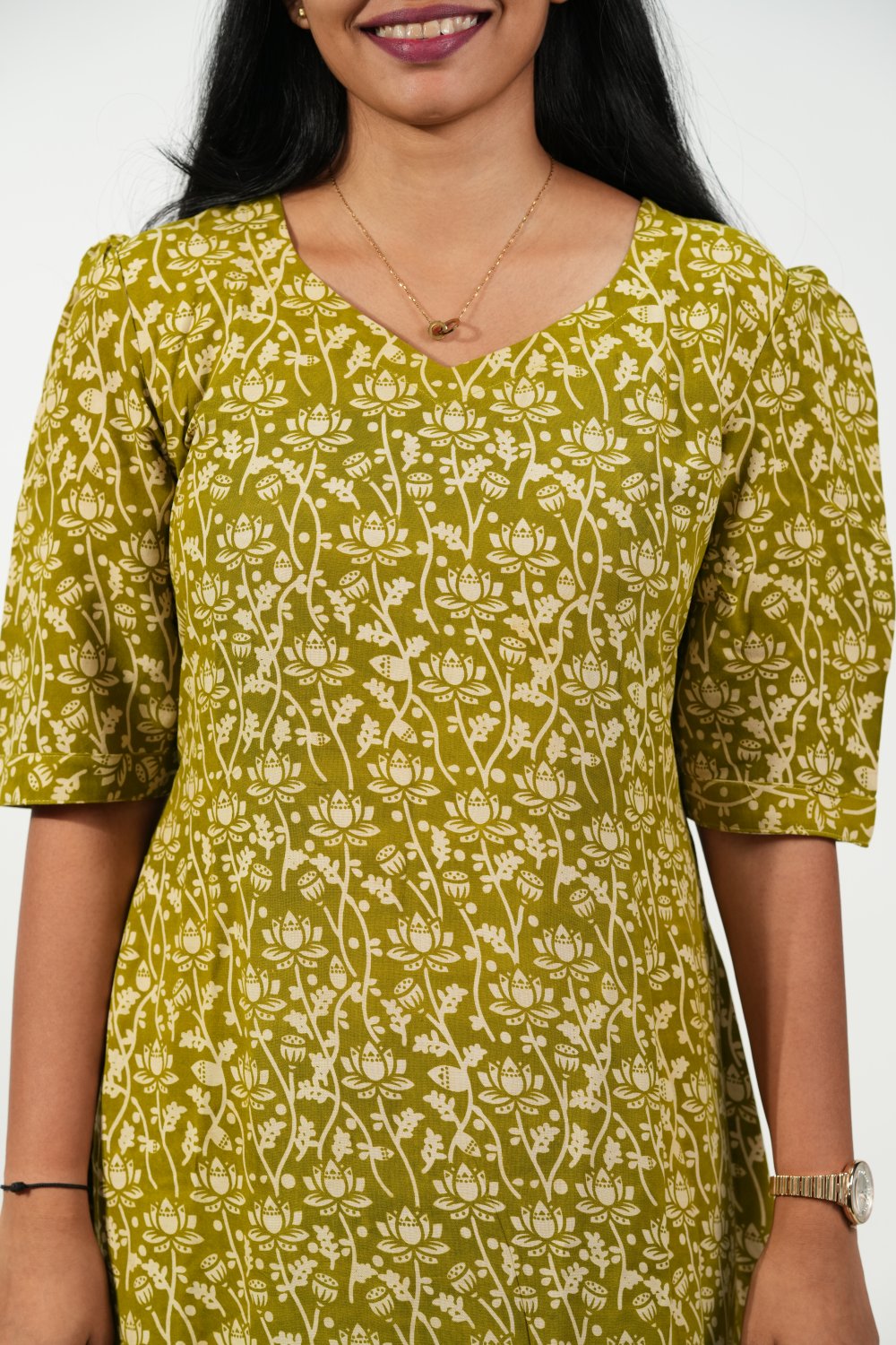 Hem-Tiered Aline Dress (Green-Cream Floral)